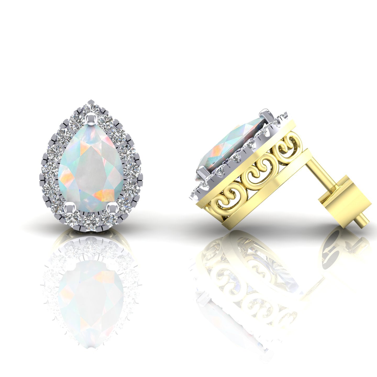 9ct Gold  Rainbow Pear Opal CZ Filigree Halo Stud Earrings - G9E8104OP