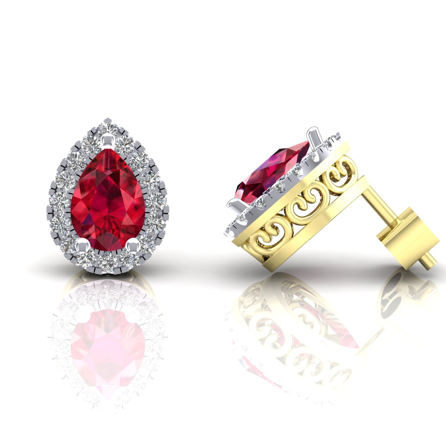 2-Colour 9ct Gold  Red Pear CZ Filigree Gallery Halo Stud Earrings - G9E8104RU