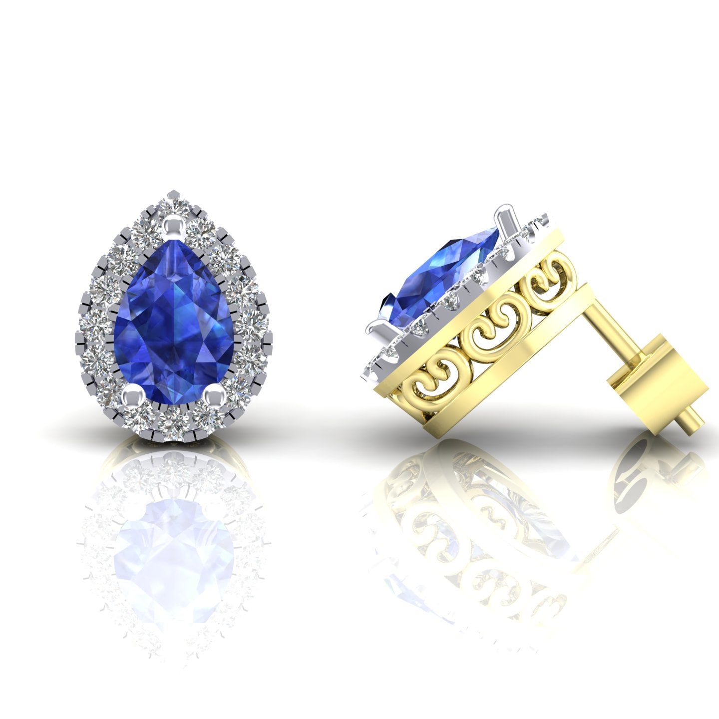 2-Colour 9ct Gold  Blue Pear CZ Filigree Halo Stud Earrings - G9E8104SP