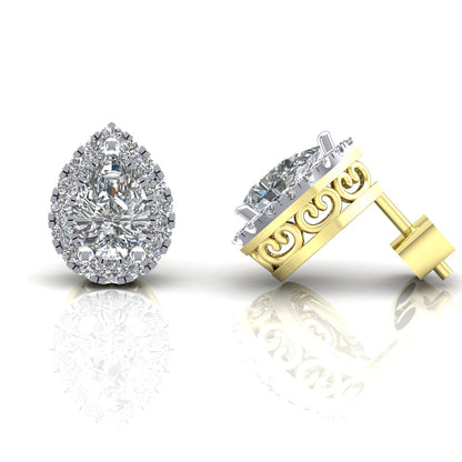 2-Colour 9ct Gold  Pear CZ Filigree Gallery Halo Stud Earrings - G9E8104