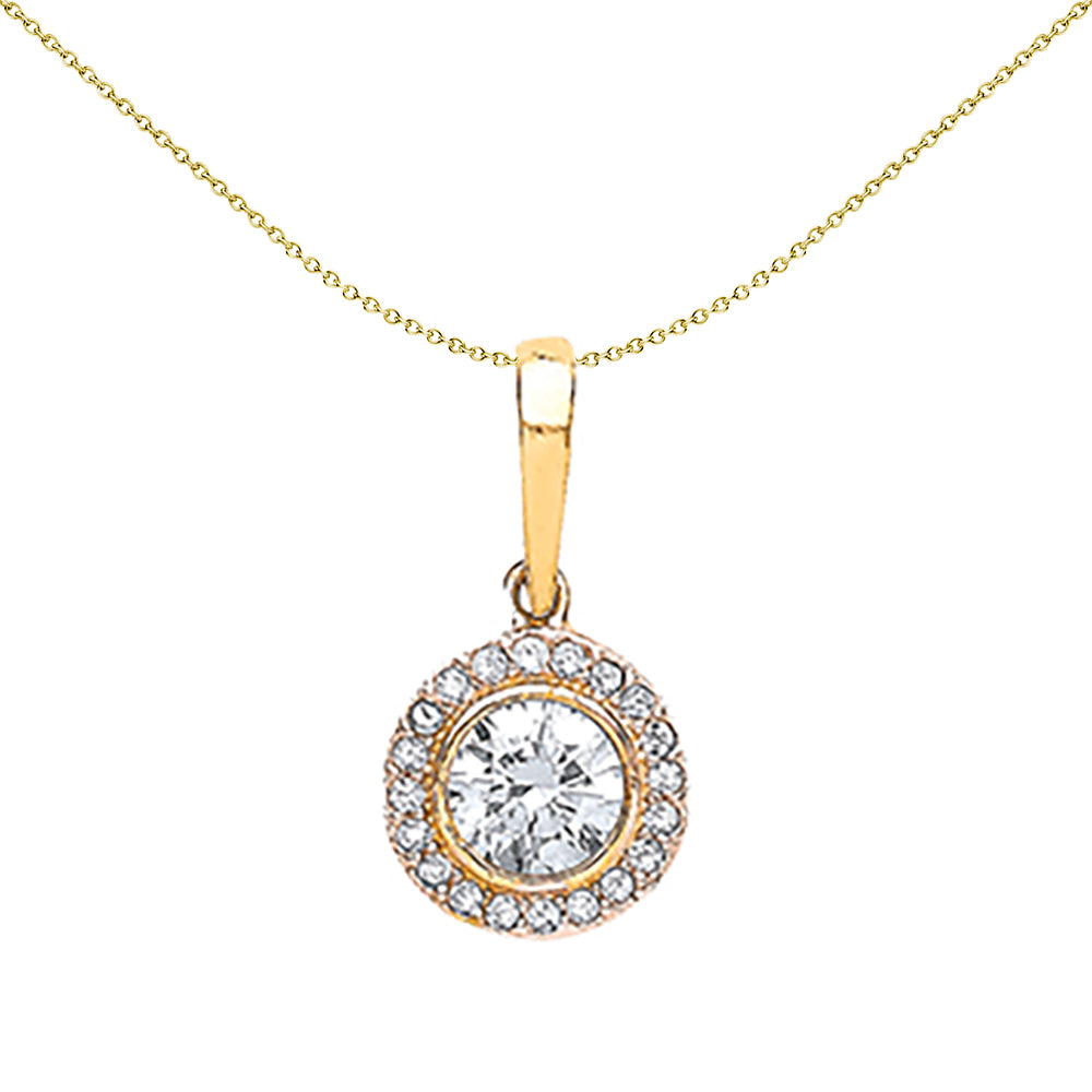 9ct Gold  CZ Solitaire Halo Pendant Necklace 16-20 inch - G9P6005