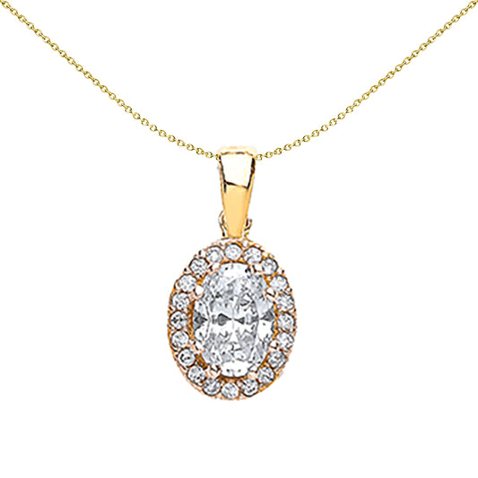 9ct Gold  Oval CZ Solitaire Halo Pendant Necklace 16-20 inch - G9P6006