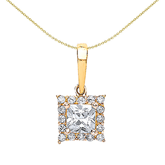 9ct Gold  Framed Mirror Solitaire Halo Pendant Necklace - G9P6007