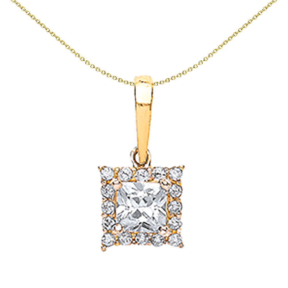 9ct Gold  Princess CZ Framed Mirror Solitaire Halo Necklace 20" - G9P6007