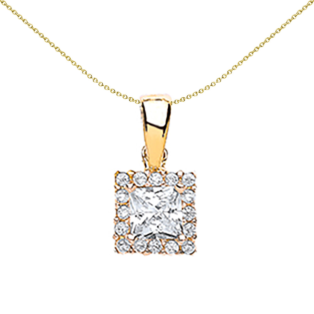 9ct Gold  Princess CZ Framed Mirror Solitaire Halo Necklace 20" - G9P6008