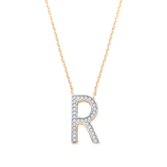 9ct Gold CZ Initial 'R' & Initial Necklace - G9P6021