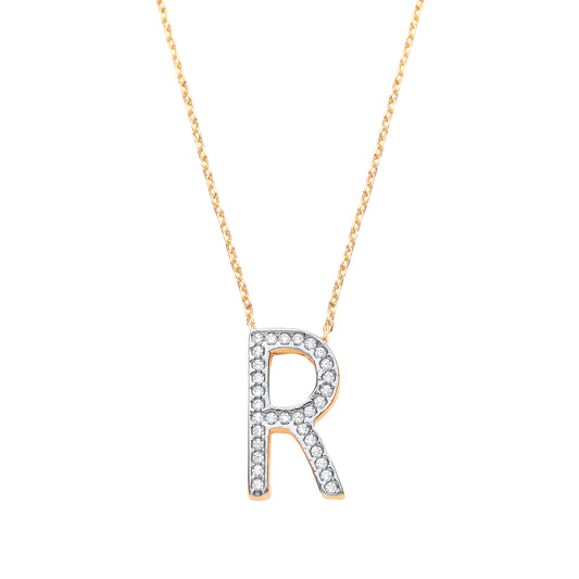 9ct Gold  CZ Initial 'R' & Initial Necklace - G9P6021