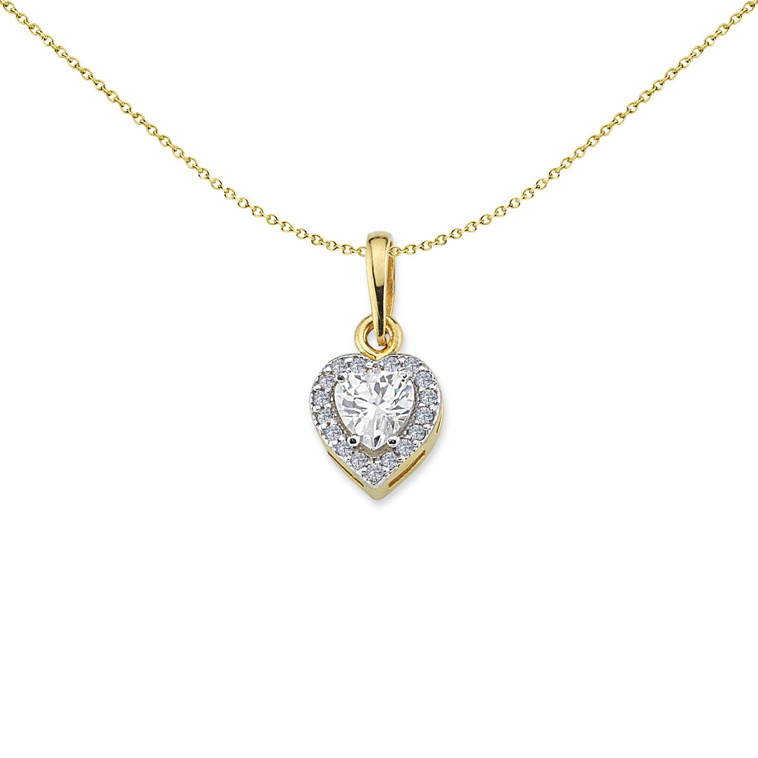 9ct Gold  Love Heart Solitaire Halo Pendant Necklace - G9P6026