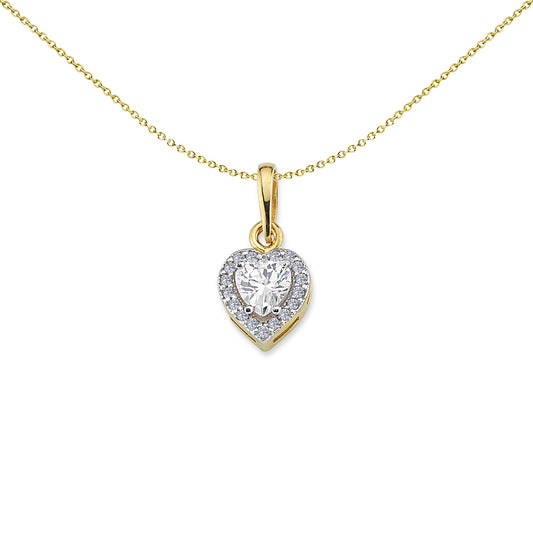 9ct Gold  Love Heart Solitaire Halo Pendant Necklace - G9P6026