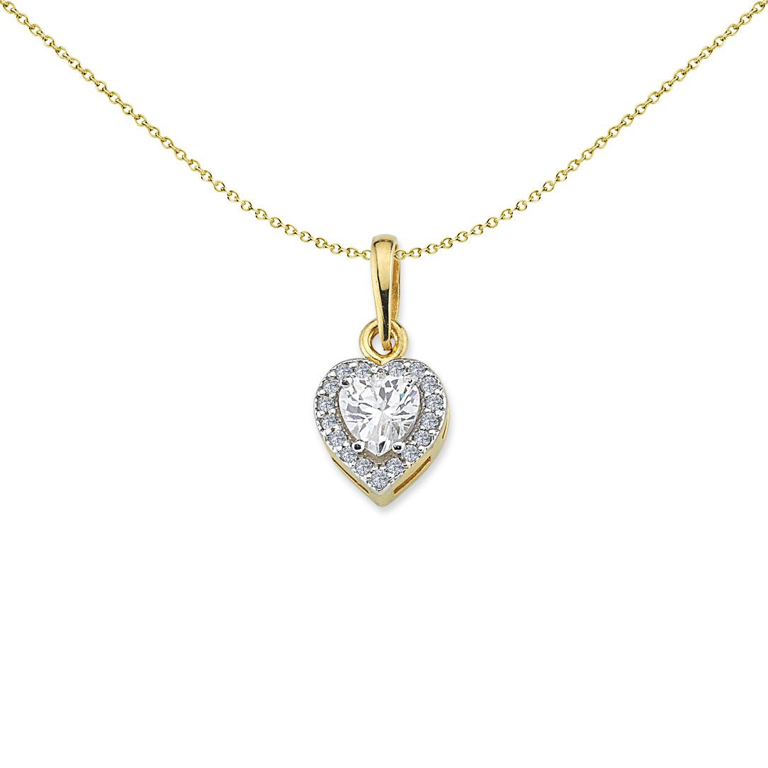 2-Colour 9ct Gold  Heart CZ Heart Solitaire Halo Necklace 20" - G9P6026