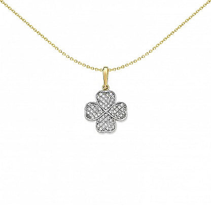 2-Colour 9ct Gold  CZ Heart Lucky 4 Leaf Clover Necklace 20" - G9P6027