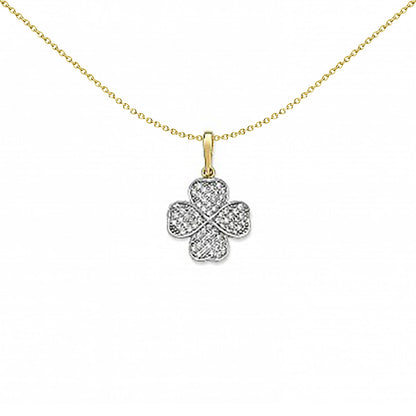 2-Colour 9ct Gold  CZ Heart Lucky 4 Leaf Clover Necklace 20" - G9P6027