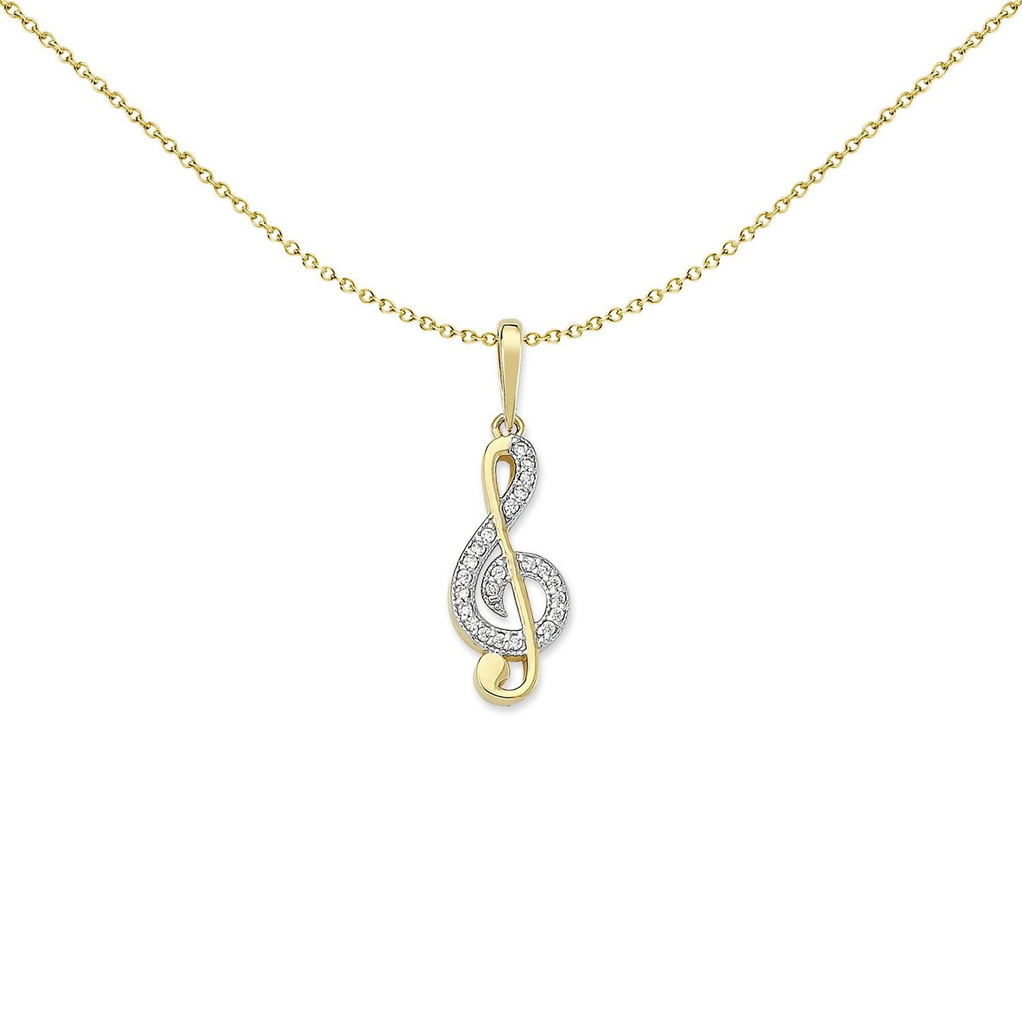 Unisex 2-Colour 9ct Gold  CZ Treble G Clef Musical Necklace 20" - G9P6028