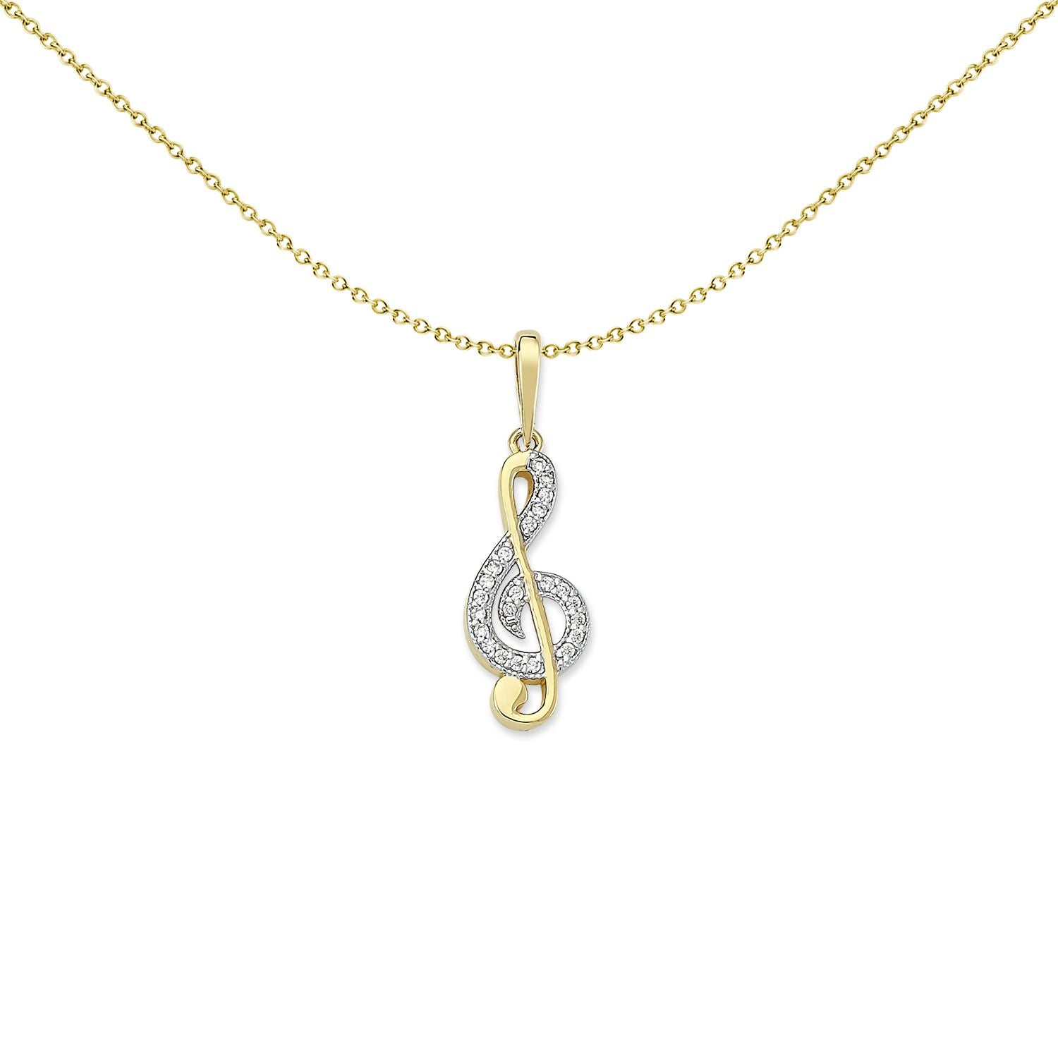 Unisex 2-Colour 9ct Gold  CZ Treble G Clef Musical Necklace 20" - G9P6028