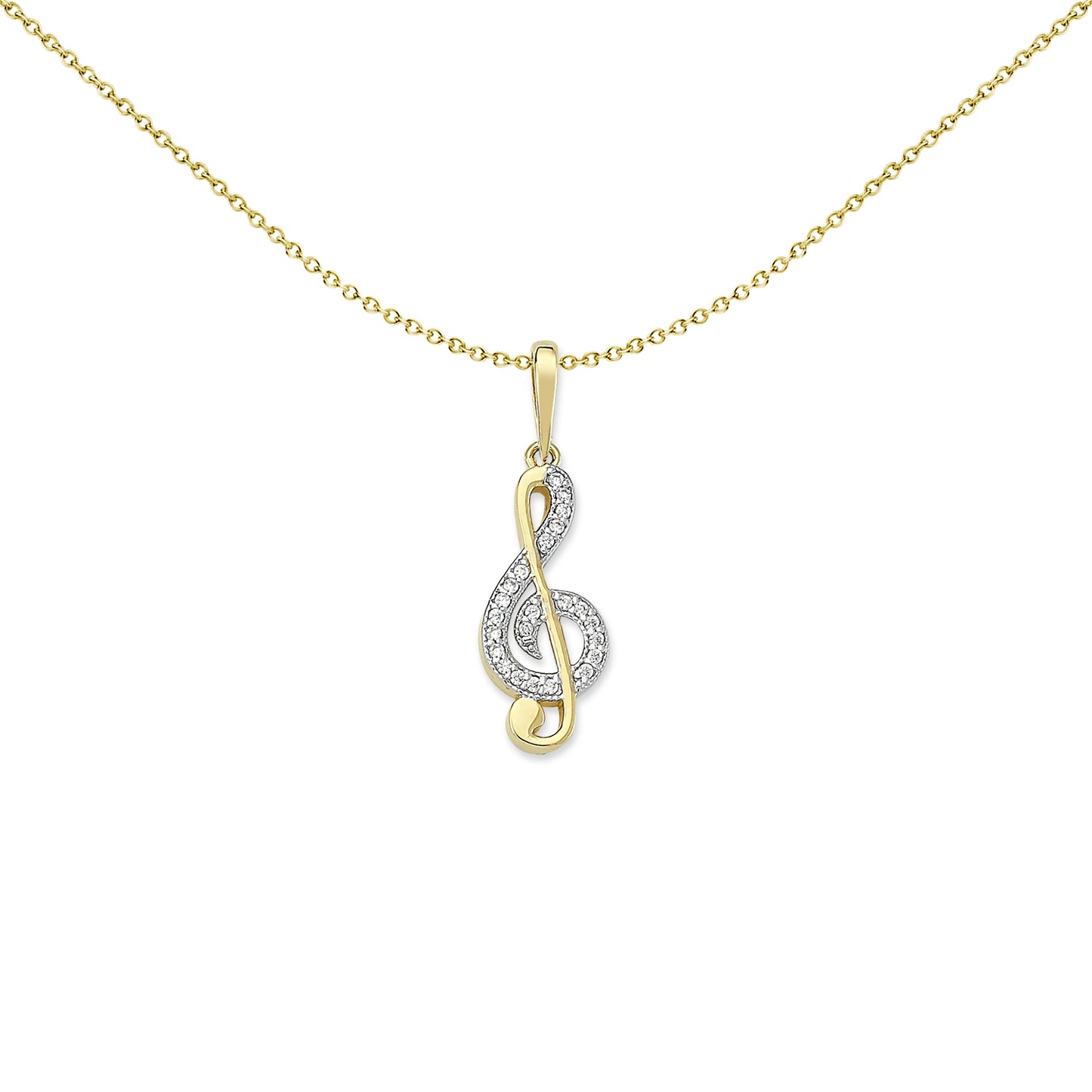 Unisex 2-Colour 9ct Gold  CZ Treble G Clef Musical Necklace 20" - G9P6028