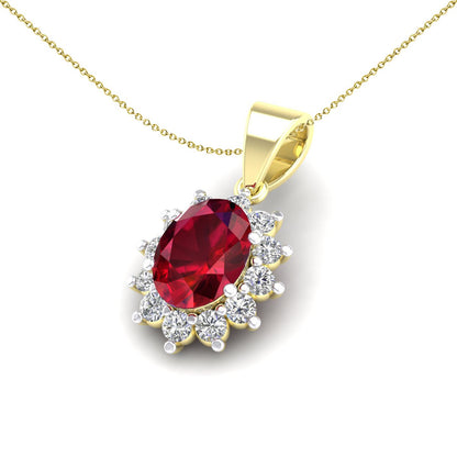 2-Colour 9ct Gold  Red Oval CZ Classic Royal Pendant Necklace 20" - G9P6030RU