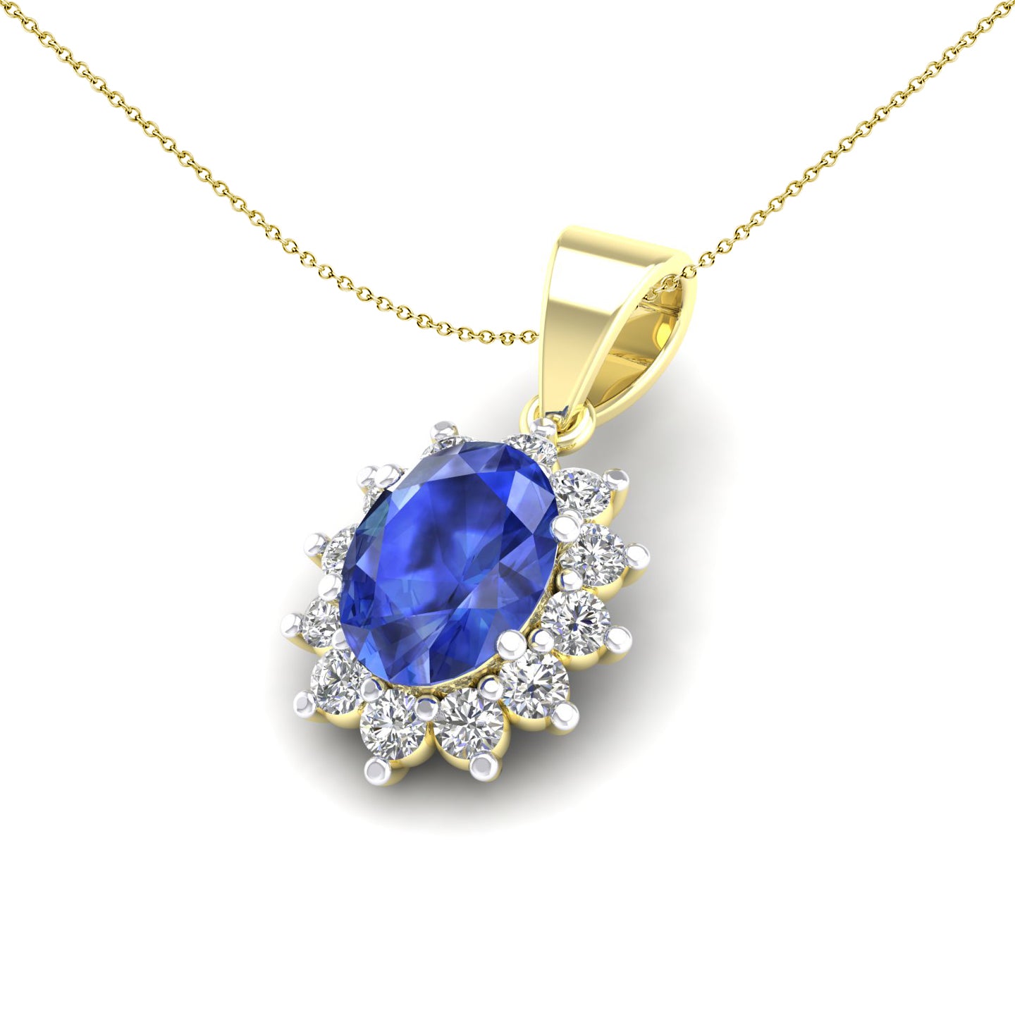 2-Colour 9ct Gold  Blue Oval CZ Classic Royal Pendant Necklace 20" - G9P6030SAP