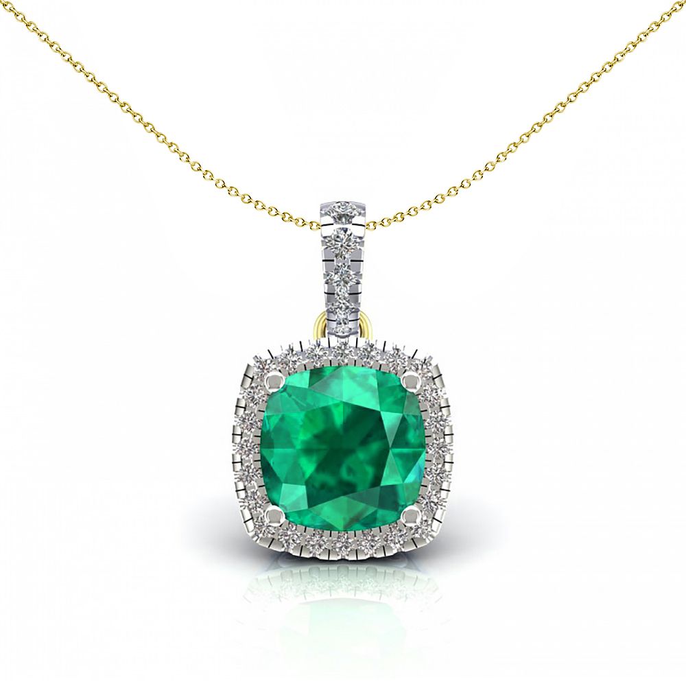 2-Colour 9ct Gold  Green Cushion CZ Solitaire Halo Necklace 20" - G9P6037EM