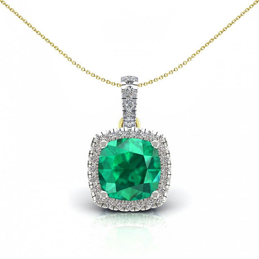 2-Colour 9ct Gold  Green Cushion CZ Solitaire Halo Necklace 20" - G9P6037EM