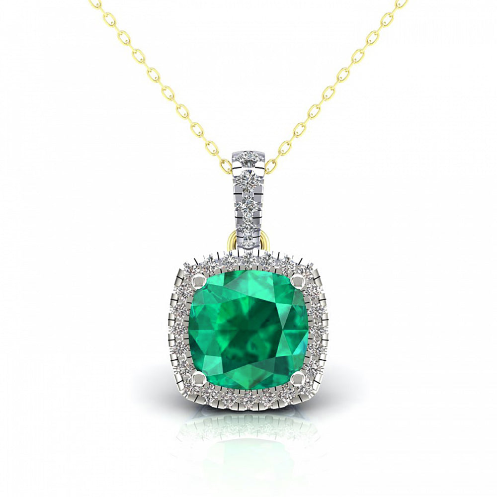 2-Colour 9ct Gold  Green Cushion CZ Solitaire Halo Necklace 20" - G9P6037EM