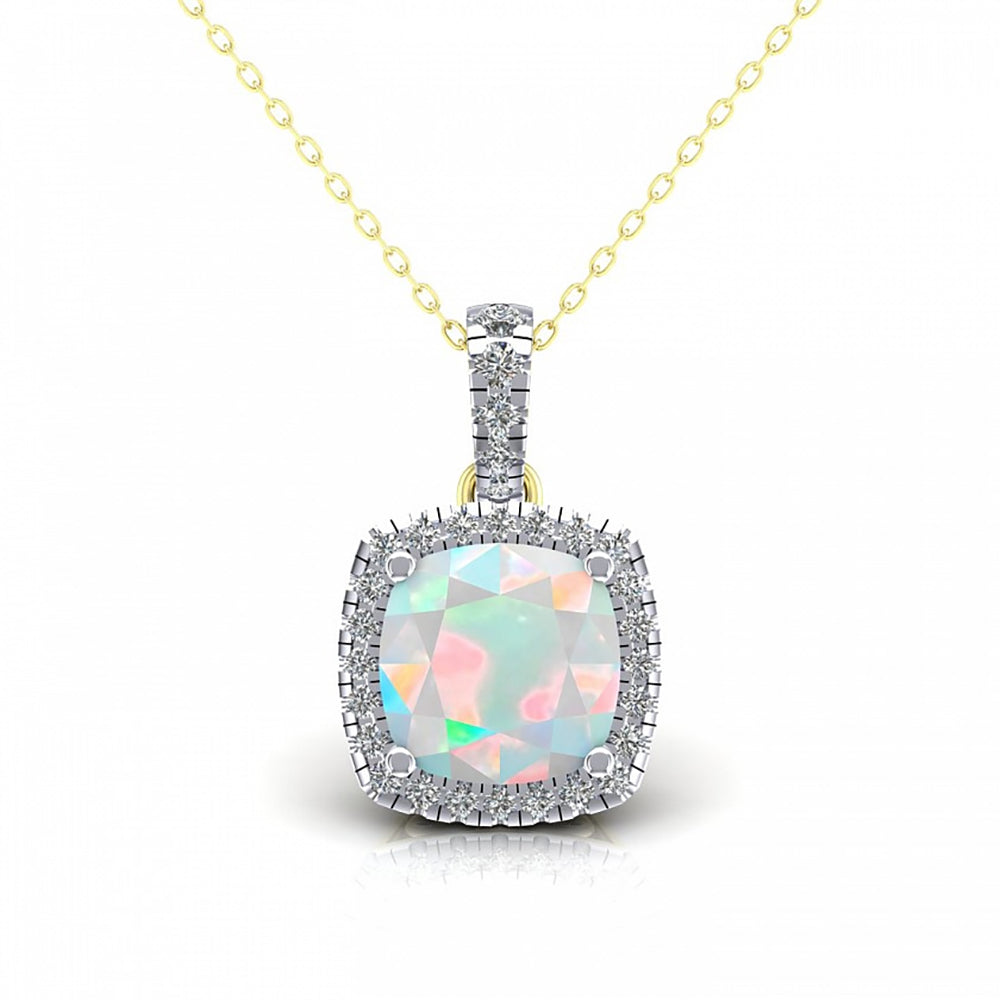 2-Colour 9ct Gold  Rainbow Cushion Opal CZ Halo Necklace 20" - G9P6037OP