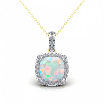 2-Colour 9ct Gold  Rainbow Cushion Opal CZ Halo Necklace 20" - G9P6037OP