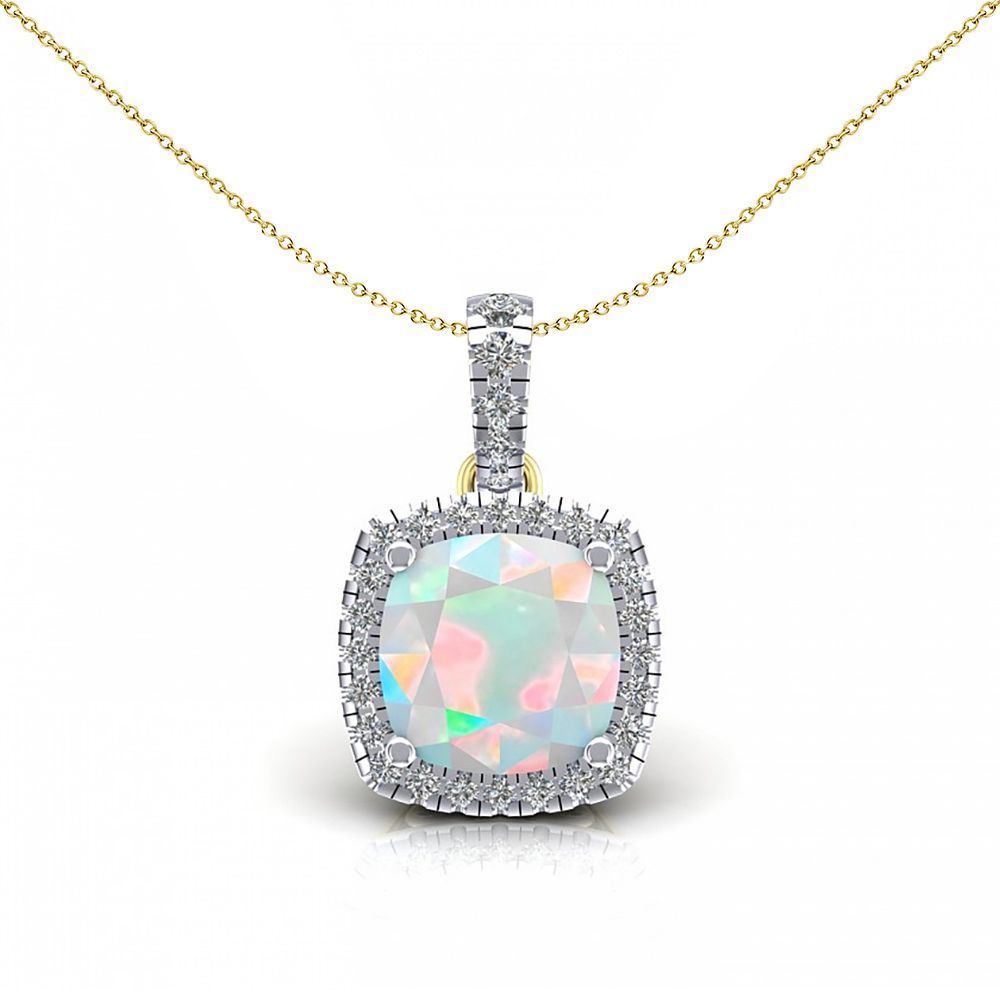 2-Colour 9ct Gold  Rainbow Cushion Opal CZ Halo Necklace 20" - G9P6037OP