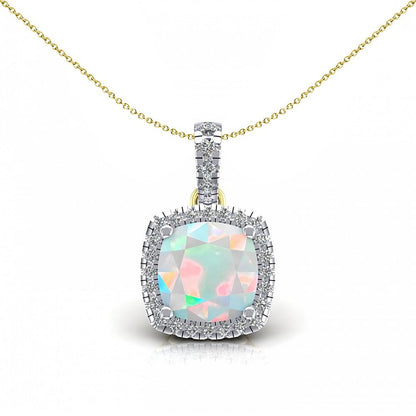 2-Colour 9ct Gold  Rainbow Cushion Opal CZ Halo Necklace 20" - G9P6037OP
