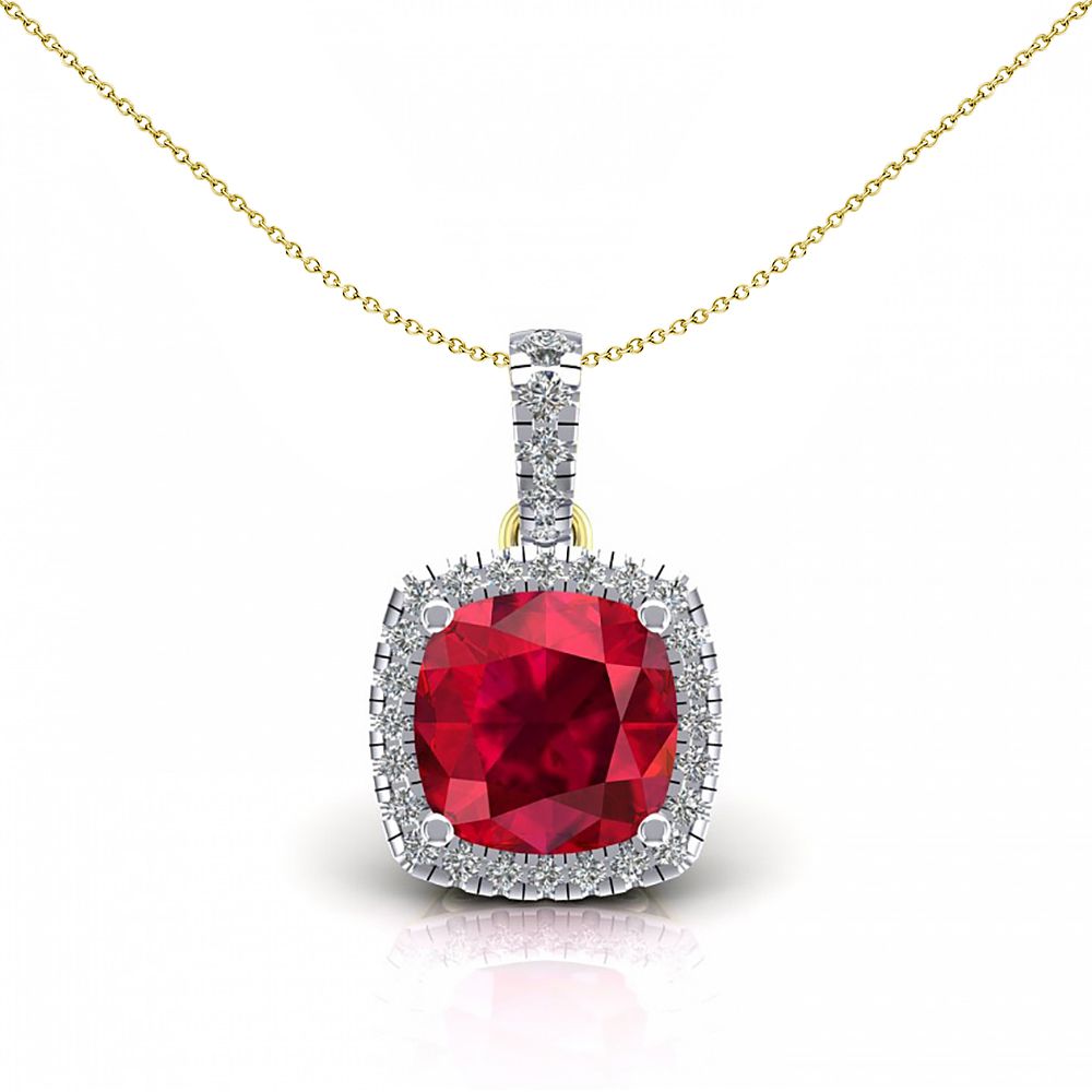 2-Colour 9ct Gold  Red Cushion CZ Solitaire Halo Necklace 20" - G9P6037RU