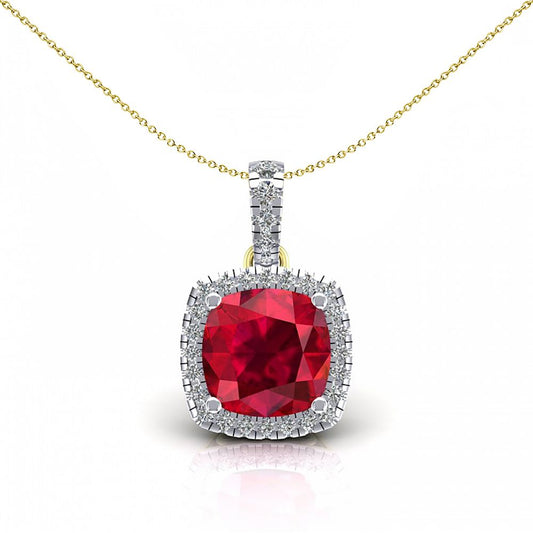 2-Colour 9ct Gold  Red Cushion CZ Solitaire Halo Necklace 20" - G9P6037RU