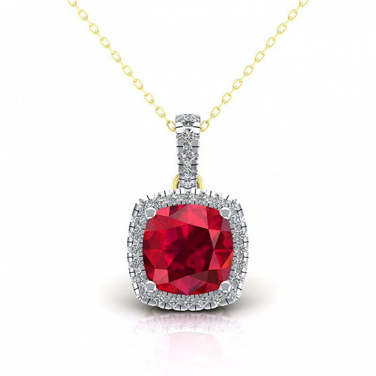 2-Colour 9ct Gold  Red Cushion CZ Solitaire Halo Necklace 20" - G9P6037RU