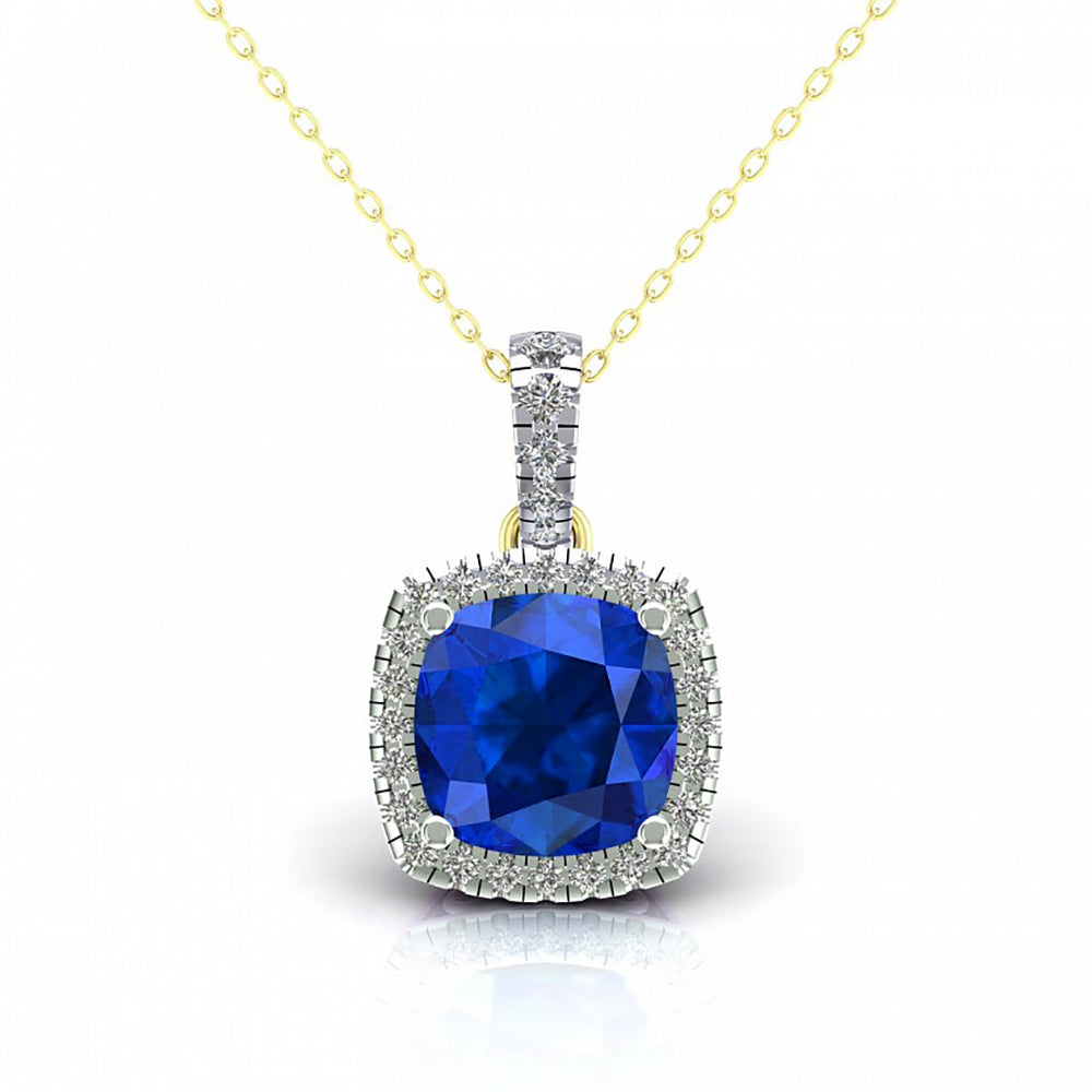 2-Colour 9ct Gold  Blue Cushion CZ Solitaire Halo Necklace 20" - G9P6037SP