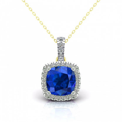 2-Colour 9ct Gold  Blue Cushion CZ Solitaire Halo Necklace 20" - G9P6037SP