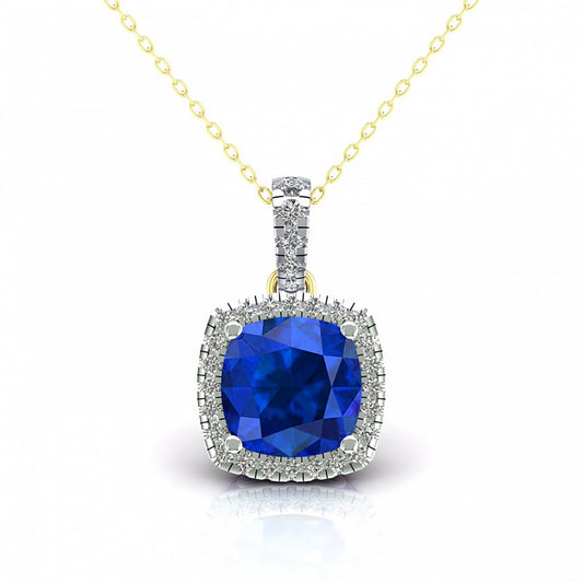 2-Colour 9ct Gold  Blue Cushion CZ Solitaire Halo Necklace 20" - G9P6037SP