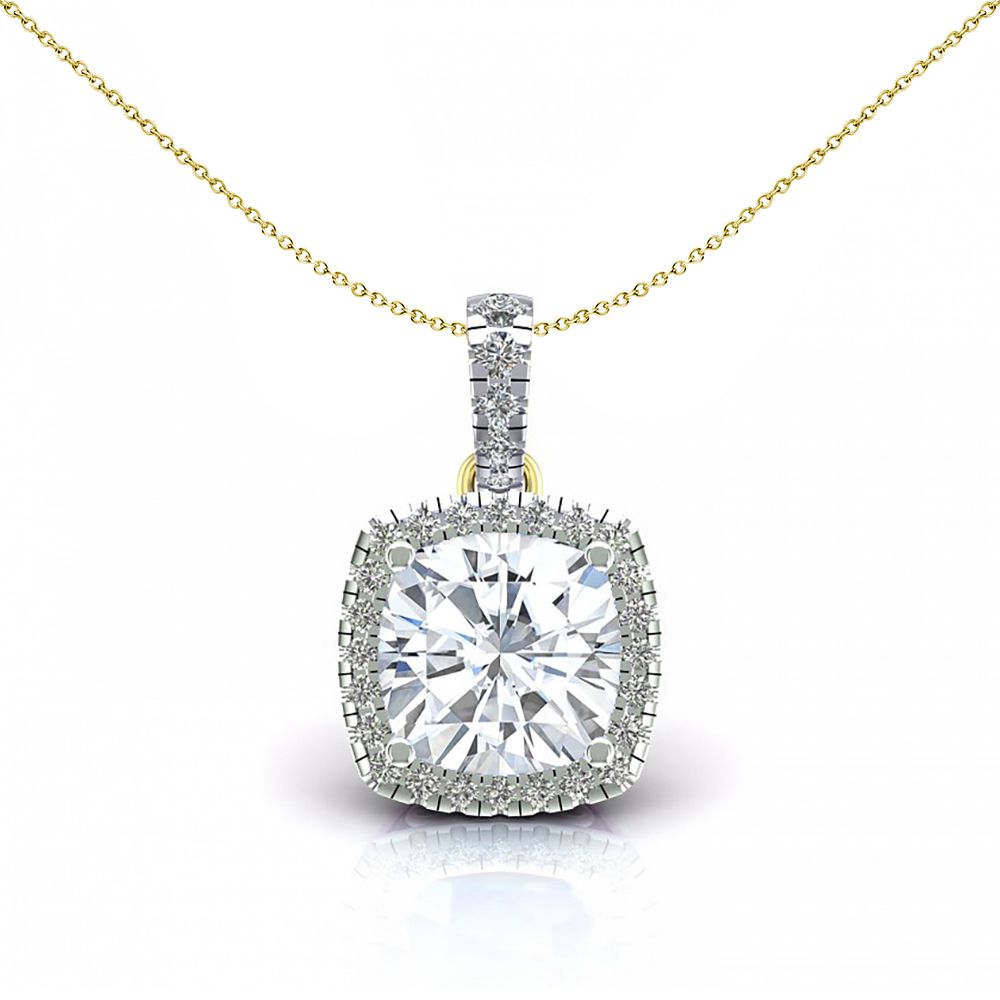 2-Colour 9ct Gold  Cushion CZ Solitaire Halo Pendant Necklace 20" - G9P6037WH
