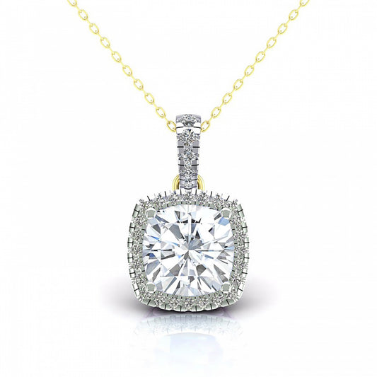 2-Colour 9ct Gold  Cushion CZ Solitaire Halo Pendant Necklace 20" - G9P6037WH