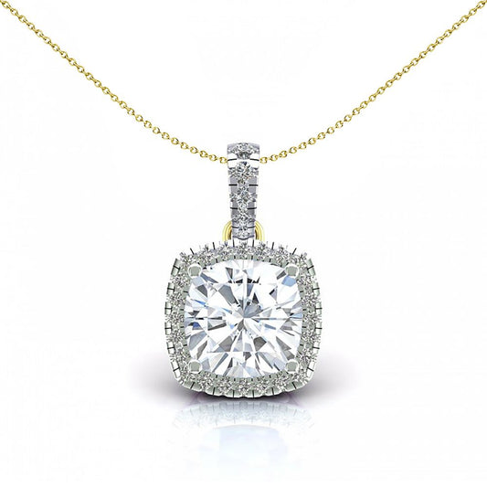 2-Colour 9ct Gold  Cushion CZ Solitaire Halo Pendant Necklace 20" - G9P6037WH