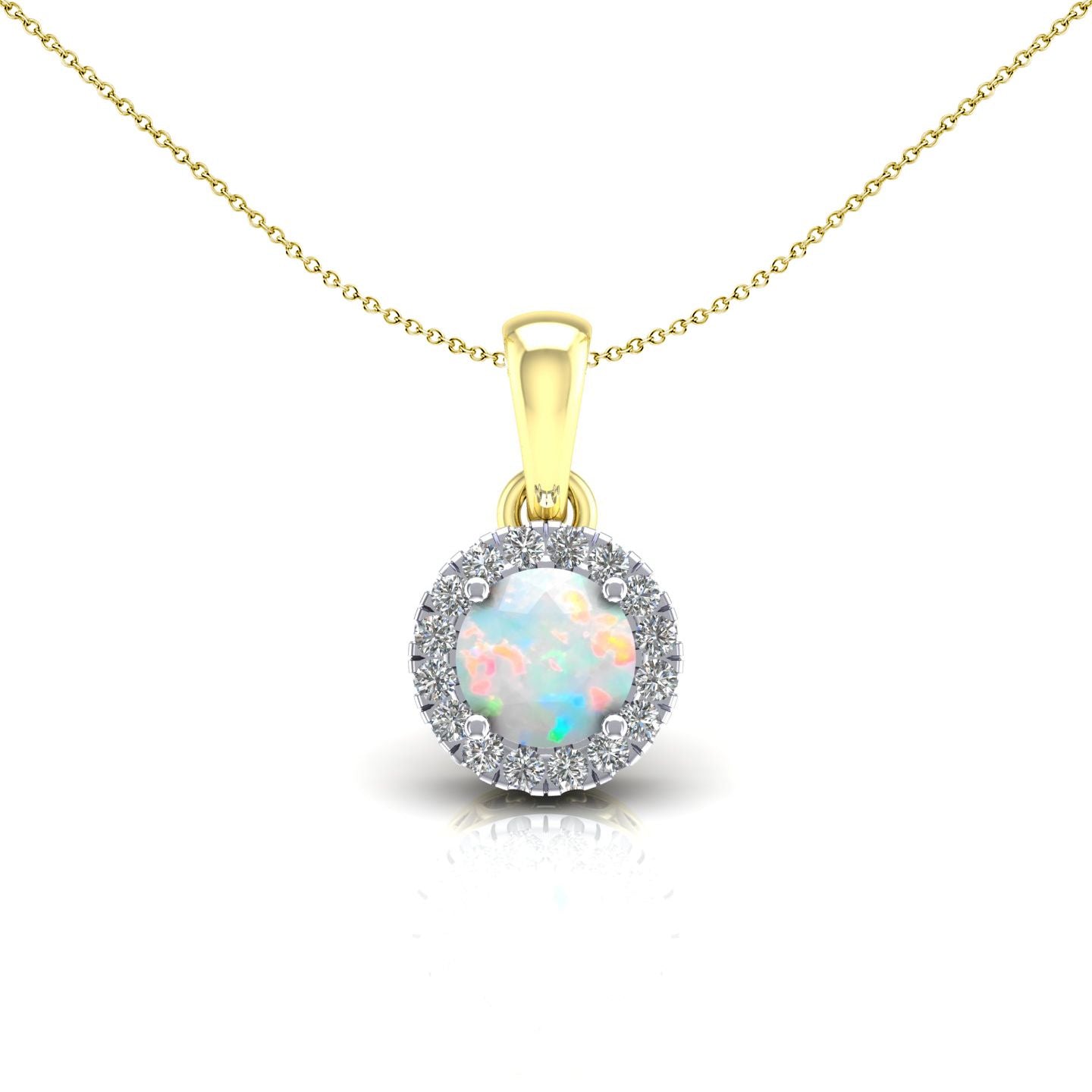 2-Colour 9ct Gold  Rainbow Opal CZ Solitaire Halo Necklace 20" - G9P6038OP