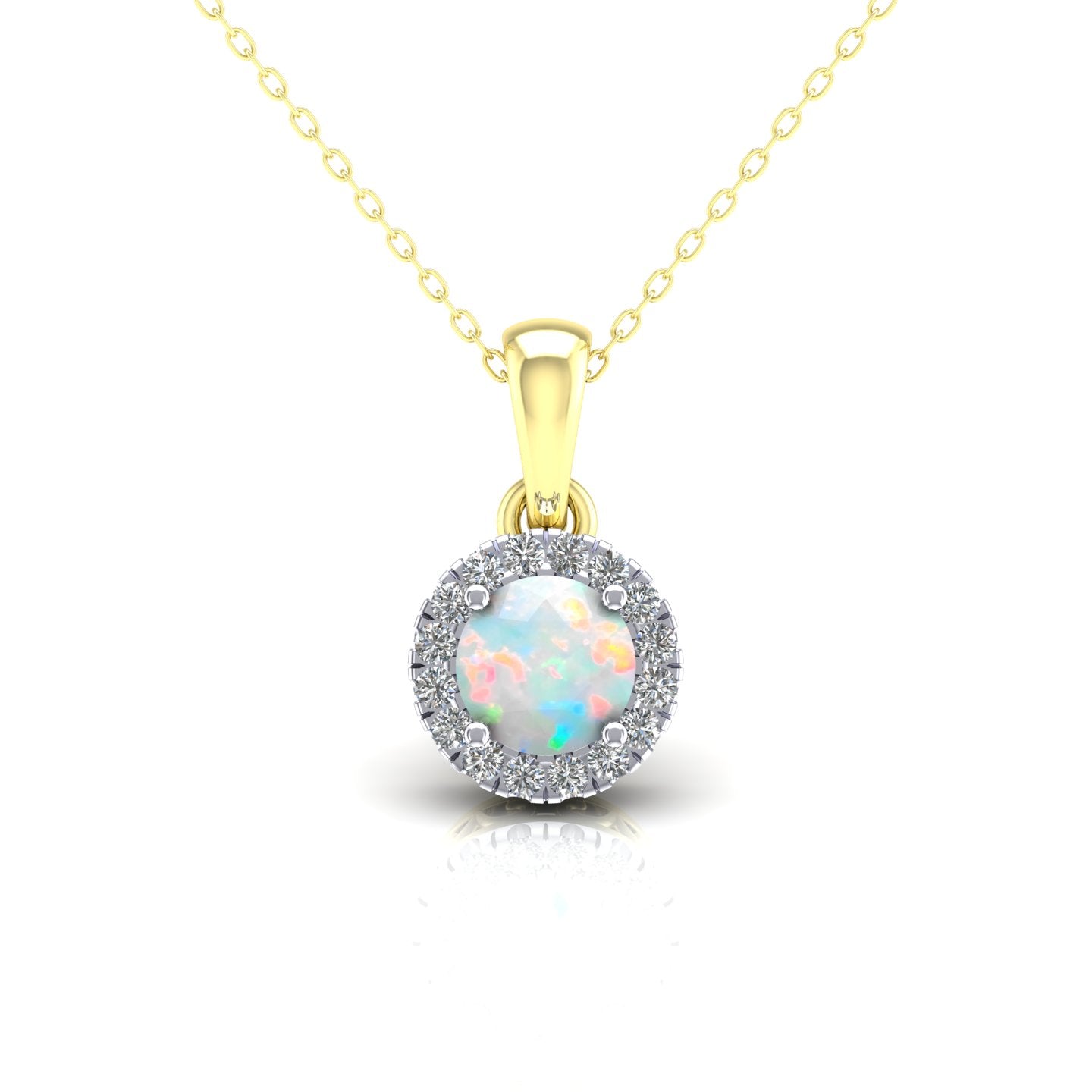 2-Colour 9ct Gold  Rainbow Opal CZ Solitaire Halo Necklace 20" - G9P6038OP