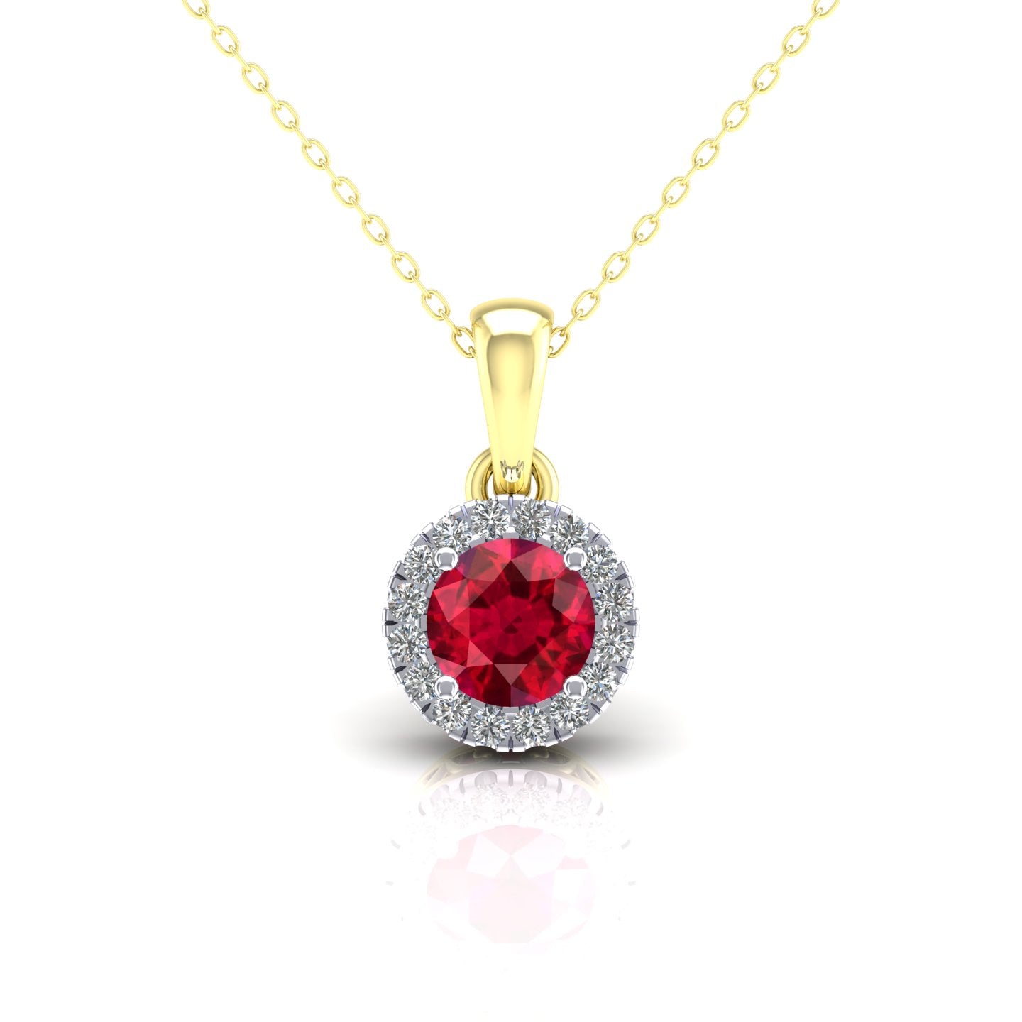 2-Colour 9ct Gold  Red CZ Solitaire Halo Pendant Necklace 20" - G9P6038RU