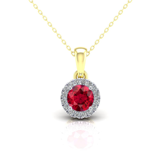 2-Colour 9ct Gold  Red CZ Solitaire Halo Pendant Necklace 20" - G9P6038RU