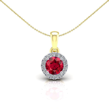 2-Colour 9ct Gold  Red CZ Solitaire Halo Pendant Necklace 20" - G9P6038RU