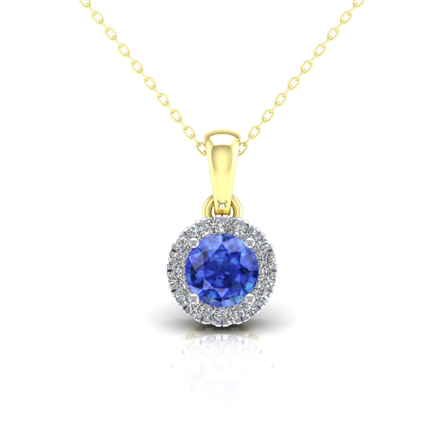 2-Colour 9ct Gold  Blue CZ Solitaire Halo Pendant Necklace 20" - G9P6038SP