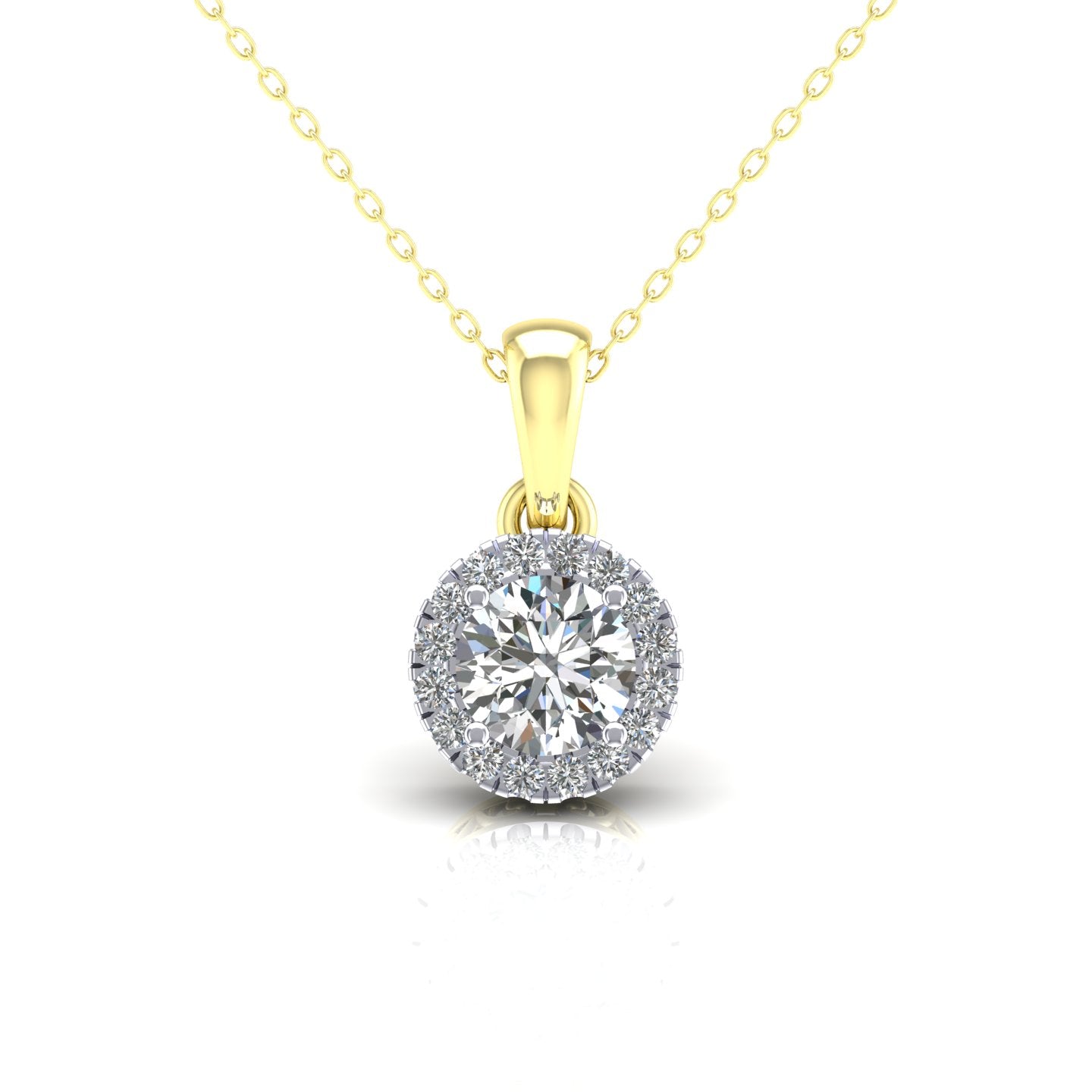 2-Colour 9ct Gold  CZ Solitaire Halo Cluster Pendant Necklace 20" - G9P6038