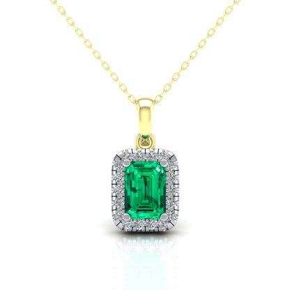 2-Colour 9ct Gold  Green Emerald CZ Solitaire Halo Necklace 20" - G9P6039EM