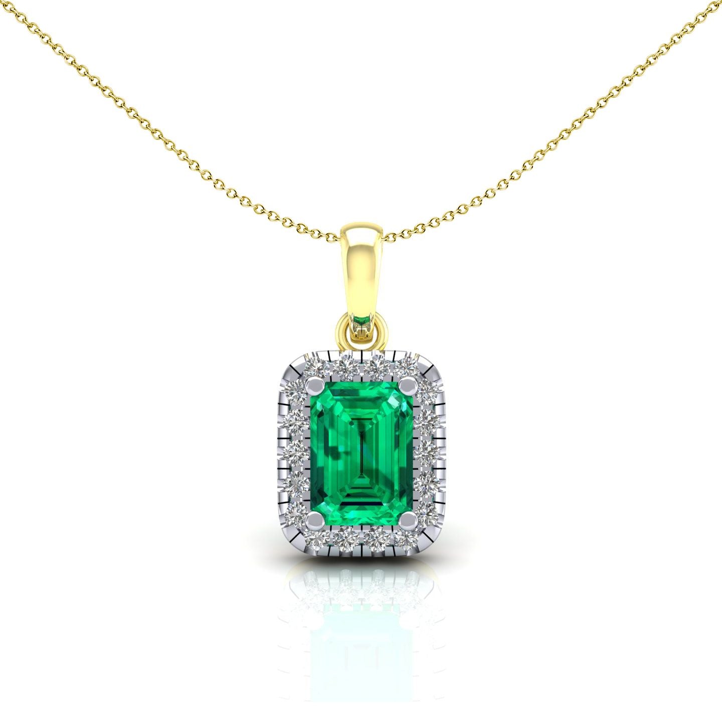 2-Colour 9ct Gold  Green Emerald CZ Solitaire Halo Necklace 20" - G9P6039EM