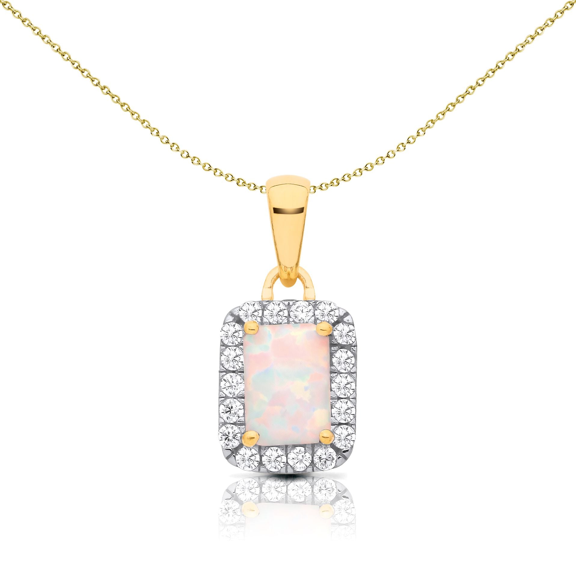 2-Colour 9ct Gold  Rainbow Emerald Opal CZ Halo Necklace 20" - G9P6039OP