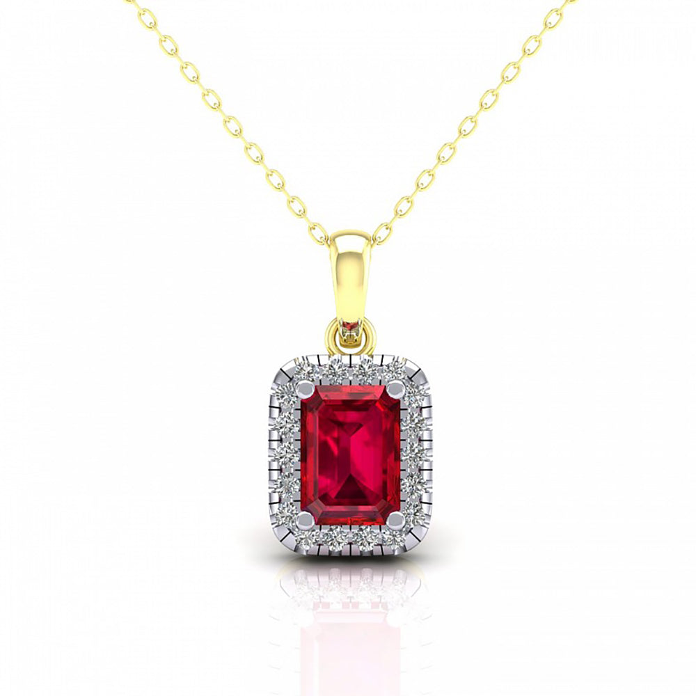 2-Colour 9ct Gold  Red Emerald CZ Solitaire Halo Necklace 20" - G9P6039RU