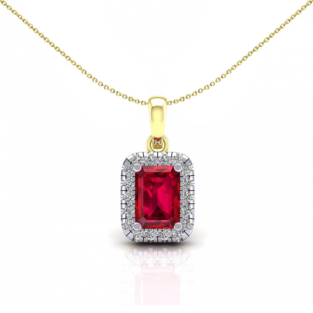 2-Colour 9ct Gold  Red Emerald CZ Solitaire Halo Necklace 20" - G9P6039RU