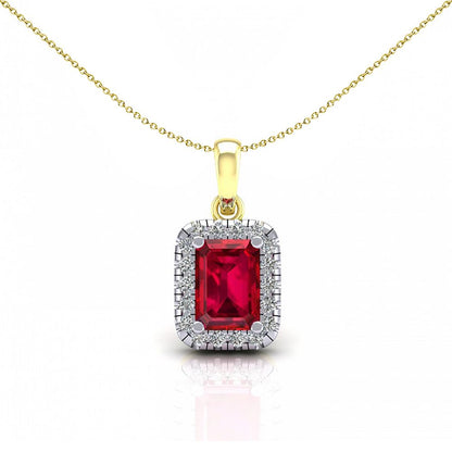 2-Colour 9ct Gold  Red Emerald CZ Solitaire Halo Necklace 20" - G9P6039RU